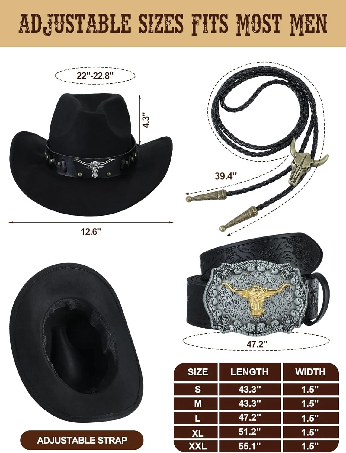 4 Pcs Western Outfits for Men Cowboy Suede Leather Vest Hat Necktie Buckle Belt for Halloween Costume Party