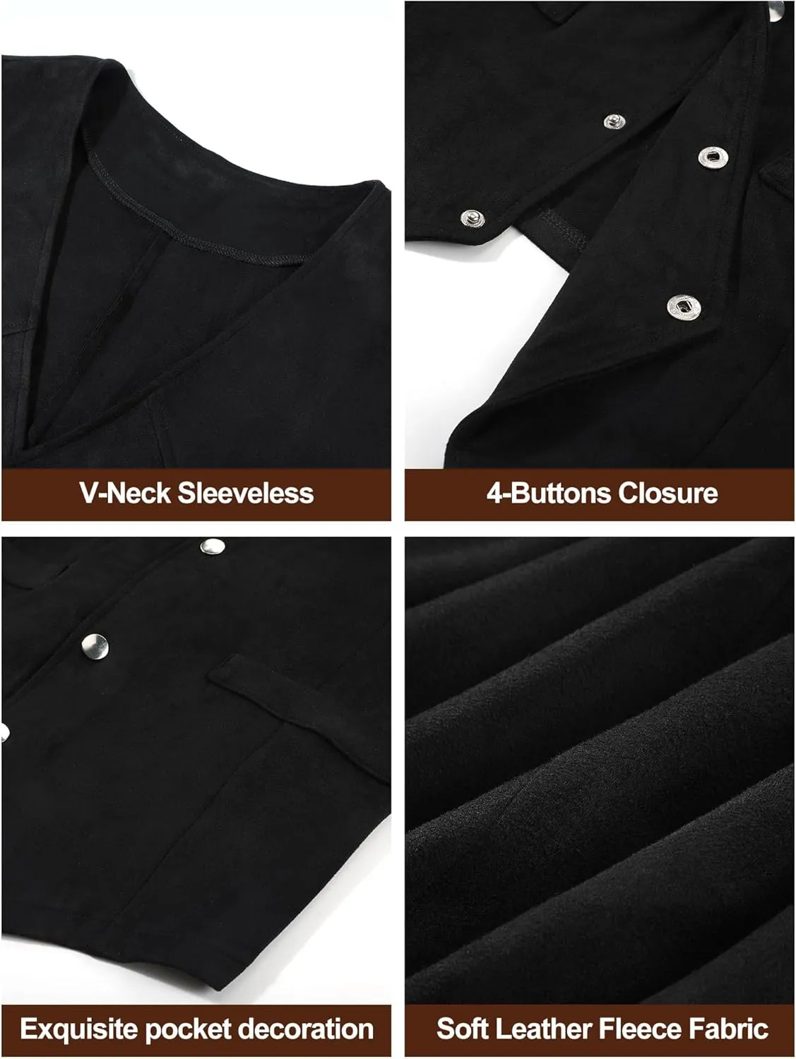 4 Pcs Western Outfits for Men Cowboy Suede Leather Vest Hat Necktie Buckle Belt for Halloween Costume Party