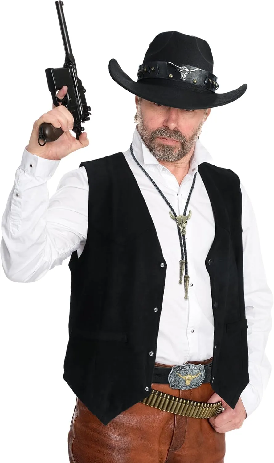 4 Pcs Western Outfits for Men Cowboy Suede Leather Vest Hat Necktie Buckle Belt for Halloween Costume Party