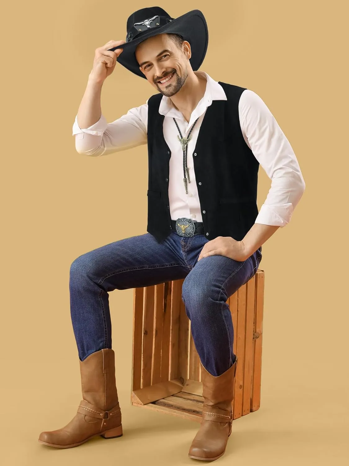 4 Pcs Western Outfits for Men Cowboy Suede Leather Vest Hat Necktie Buckle Belt for Halloween Costume Party