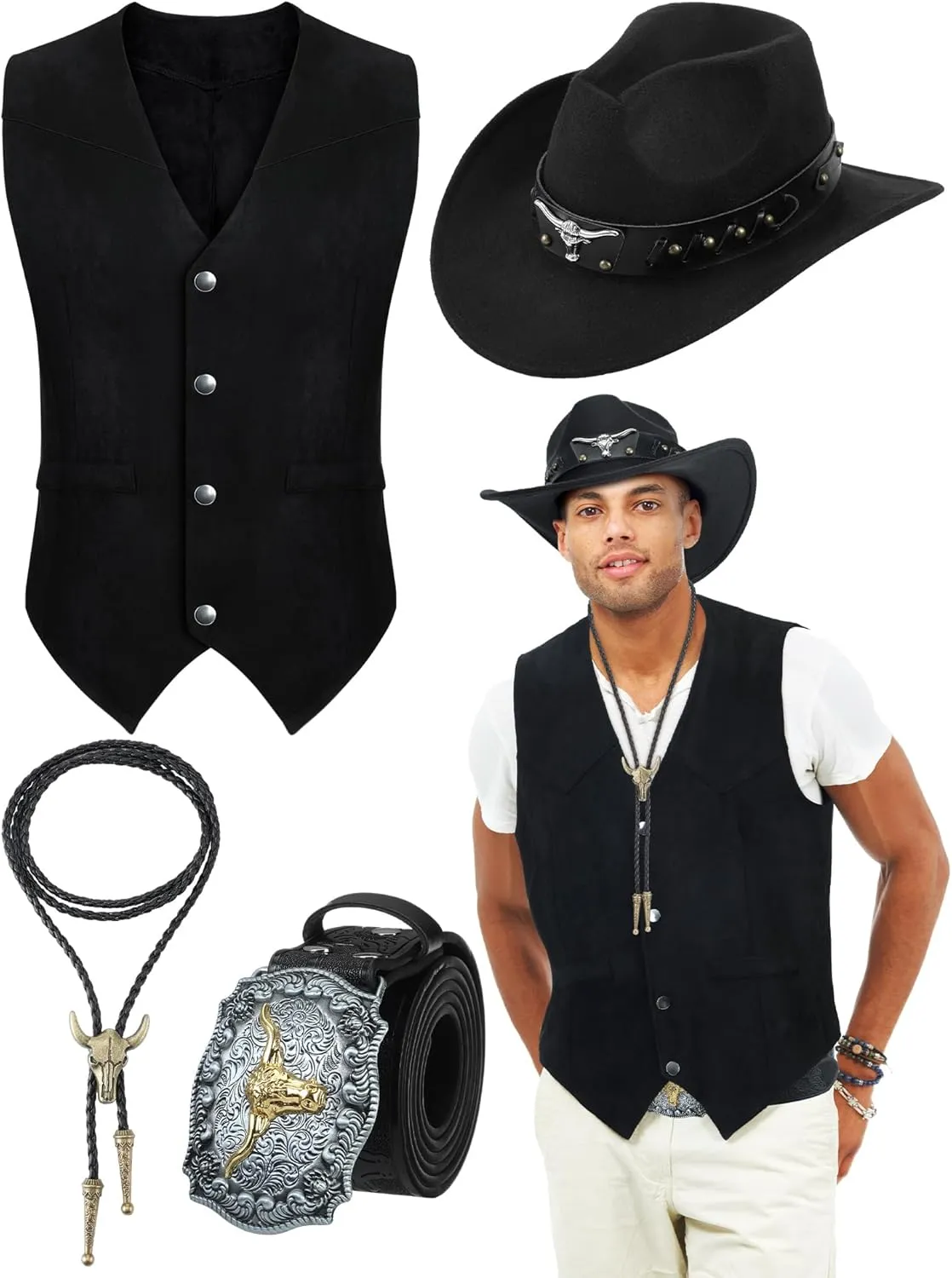4 Pcs Western Outfits for Men Cowboy Suede Leather Vest Hat Necktie Buckle Belt for Halloween Costume Party