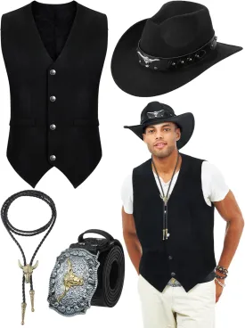 4 Pcs Western Outfits for Men Cowboy Suede Leather Vest Hat Necktie Buckle Belt for Halloween Costume Party