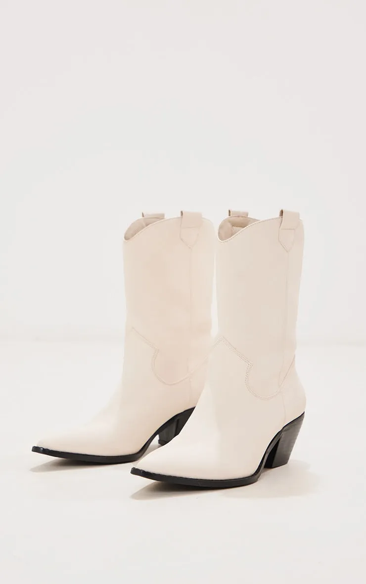 Beige Western PU Stitch Detail Pull On Calf Boots