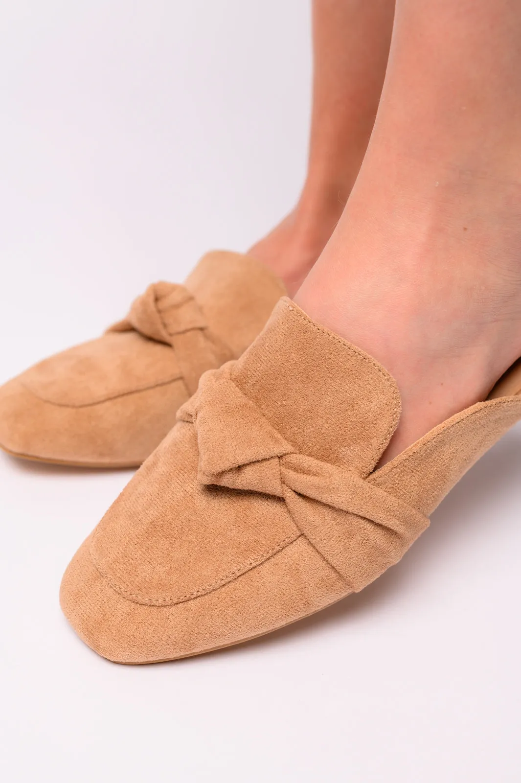 Clingy Mules in Camel Faux Suede
