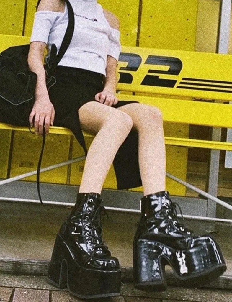DEMONIA CAMEL-203  BOOTS - PATENT BLACK ✰ PRE ORDER ✰