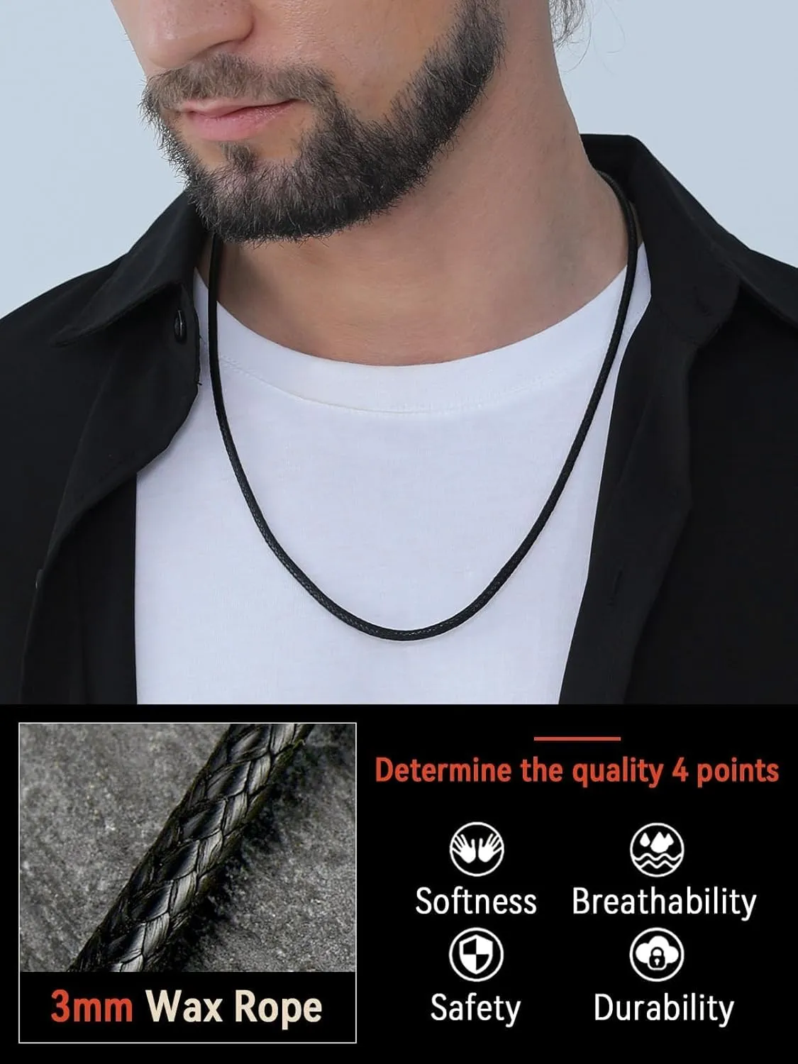 FaithHeart Braided Leather 2MM/3MM Necklace Cord for Men with Stainless Steel Snap Clasp, Waterproof Woven Wax Rope Chain for Pendant with Delicate Gift Box