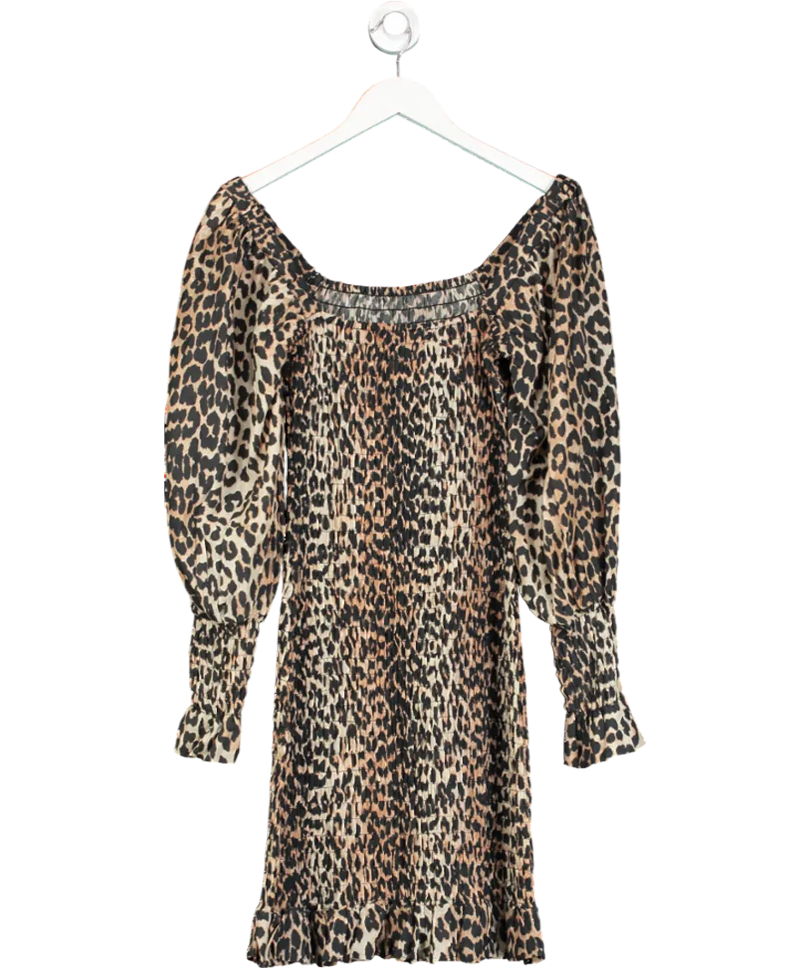 Ganni Brown Shirred Leopard Print Mini Dress UK 6