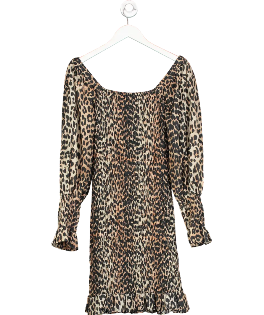 Ganni Brown Shirred Leopard Print Mini Dress UK 6