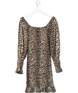 Ganni Brown Shirred Leopard Print Mini Dress UK 6
