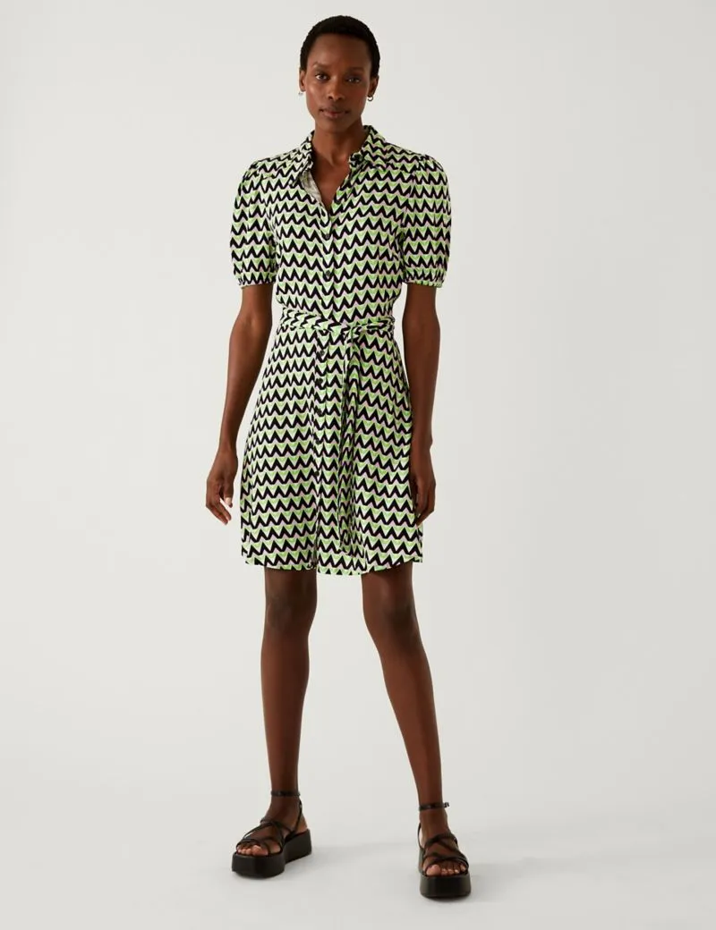 Geometric Belted Mini Shirt Dress