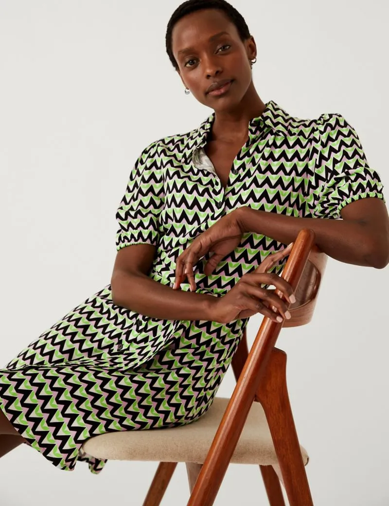 Geometric Belted Mini Shirt Dress