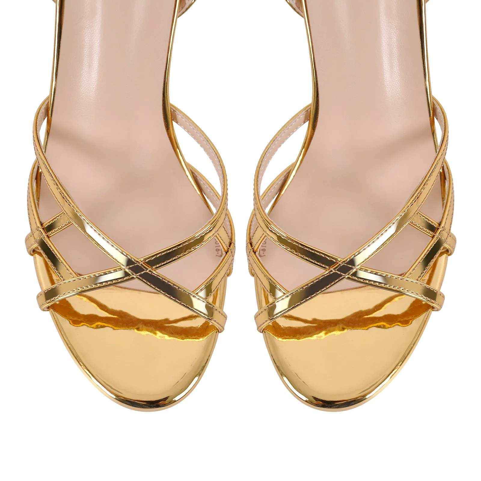 Gold Round Toe Ankle Strap Stiletto Sandals