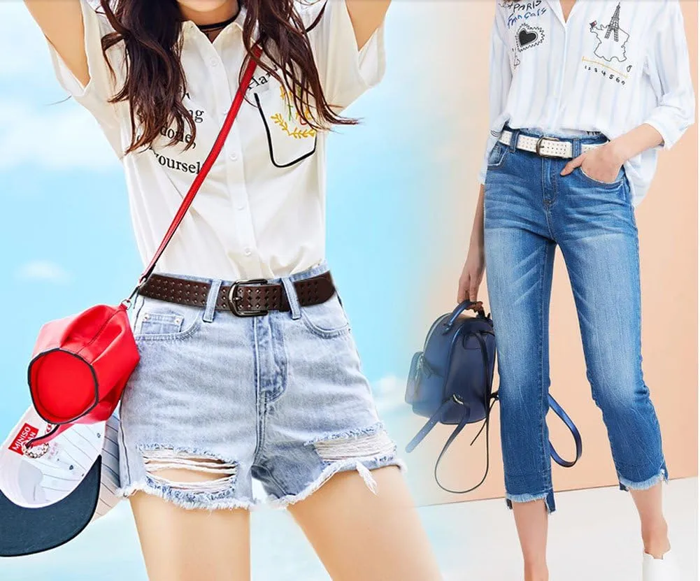 Hollow Leather Belts for Women, Soft Leather Womens Belts with Pin Buckle
