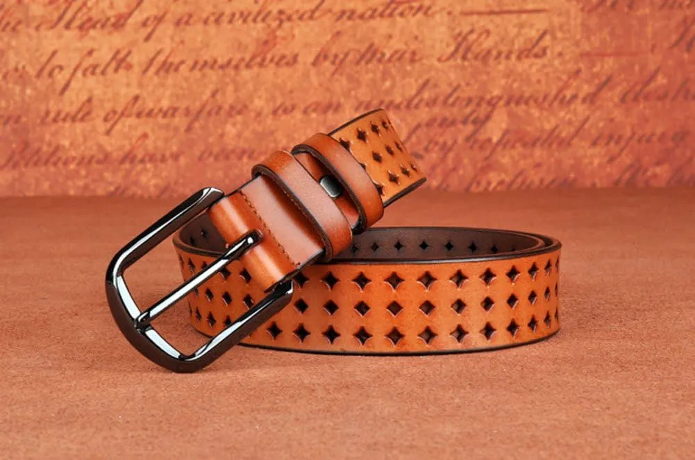 Hollow Leather Belts for Women, Soft Leather Womens Belts with Pin Buckle