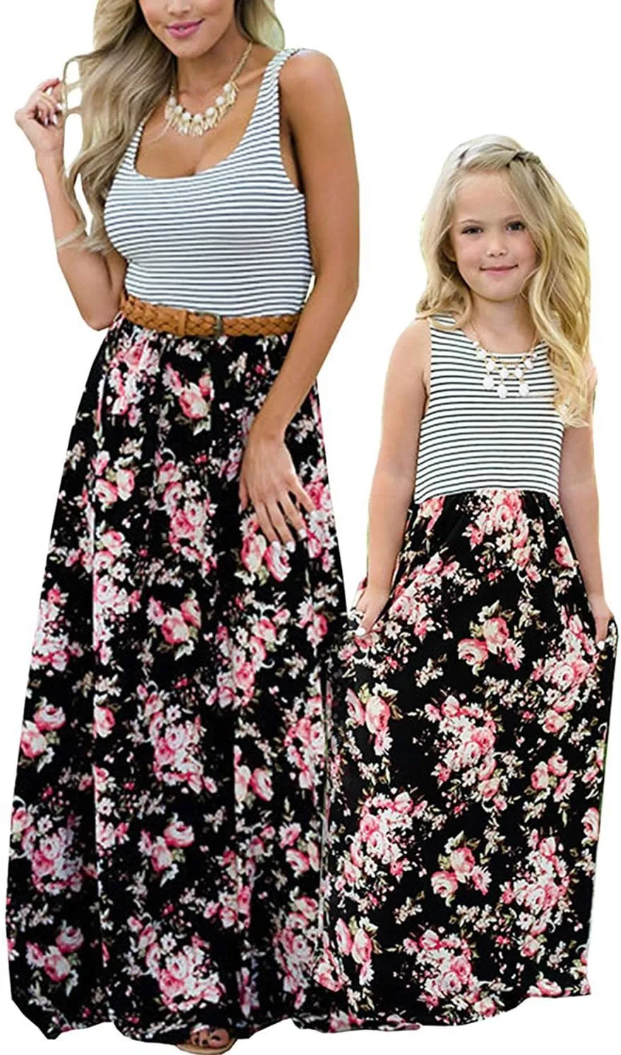 Mommy and Me Boho Floral Family Matching Maxi Dress with Pocket for Mother's Day
