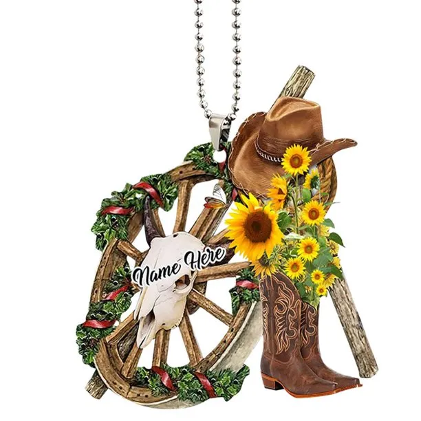 Personalized Cowboy Cowgirl Sunflower Hat Boots Car Hanging Ornament