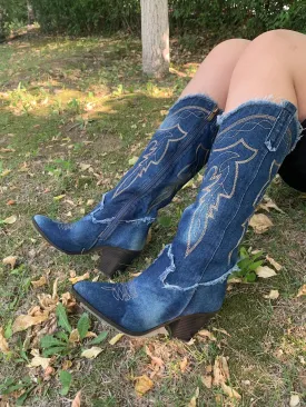 TAVIMART  -  New Denim Embroidered Retro Pointed Western Cowboy Boots Women's Thick Heel Knee High Boots