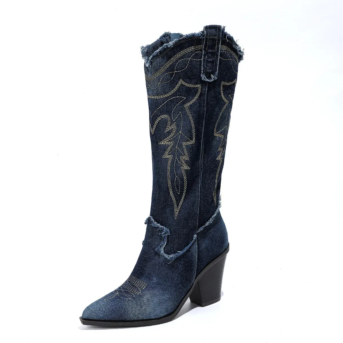 TAVIMART  -  New Denim Embroidered Retro Pointed Western Cowboy Boots Women's Thick Heel Knee High Boots