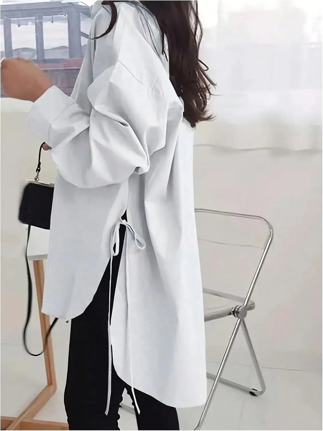 Verdusa Women's Oversized Button Down Shirts Split High Low Long Sleeve Blouses