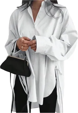 Verdusa Women's Oversized Button Down Shirts Split High Low Long Sleeve Blouses