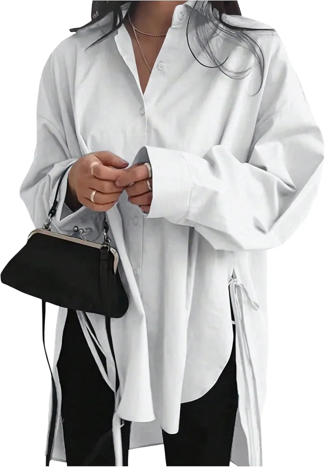 Verdusa Women's Oversized Button Down Shirts Split High Low Long Sleeve Blouses