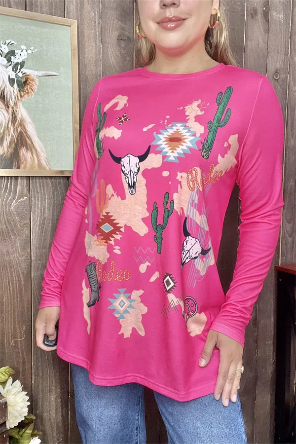 XCH14126 Cactus&boots multi color printed fuchsia fabric long sleeves women tops