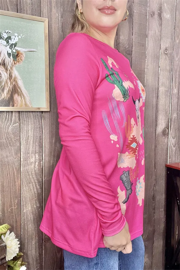 XCH14126 Cactus&boots multi color printed fuchsia fabric long sleeves women tops