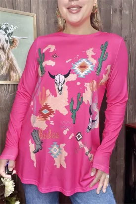 XCH14126 Cactus&boots multi color printed fuchsia fabric long sleeves women tops