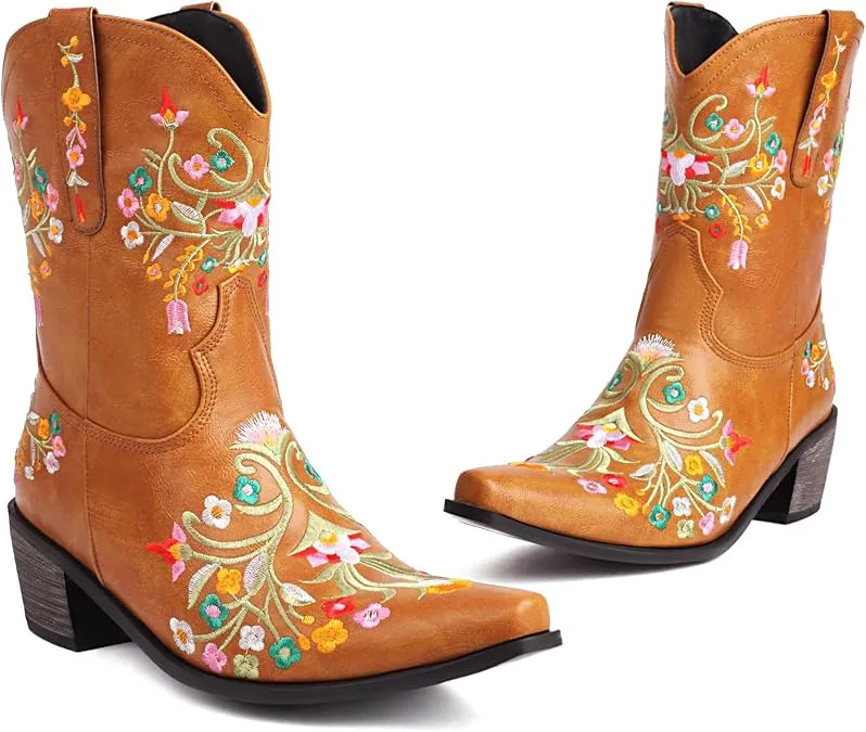 Yellow Embroidered Chunky Heel Boots